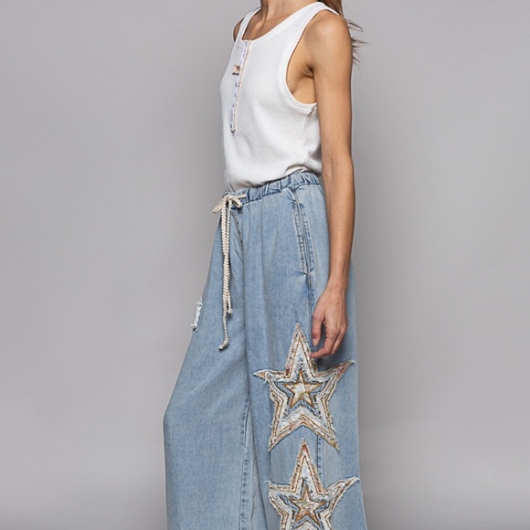 POL Denim Embroidered Stars Boho Patchwork Joggers Pants Women’s Blue Relaxed - Picture 10 of 16